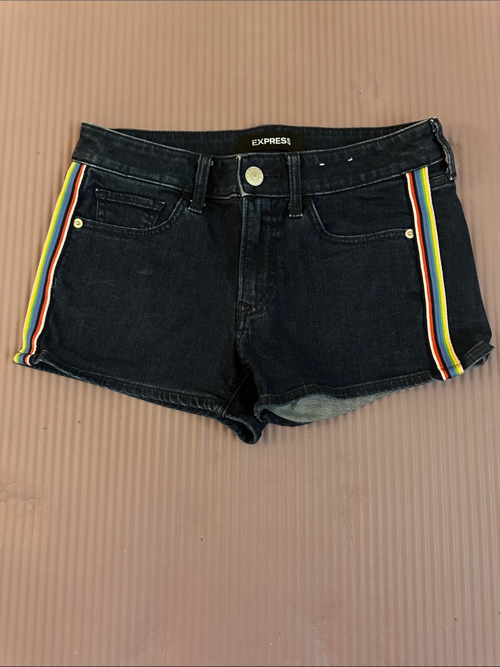 Express Black Denim Short Shorts with Rainbow Side Stripes